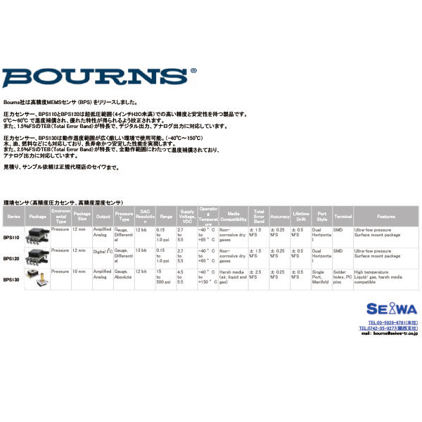 Bourns社 高精度MEMSセンサ (BPS)のカタログイメージ